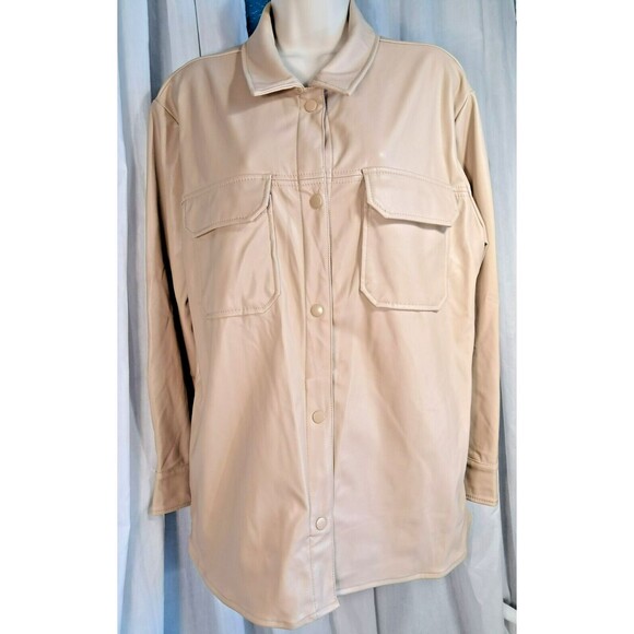 Stoosh Faux Leather Sand Tan Shacket Shirt Jacket M Fleece Lined - Picture 1 of 14